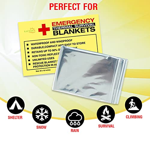 Rawyer Emergency Thermal Survival Blankets (10 Pack), Mylar Blankets for Outdoor, Camping, Hiking, Harsh Weather, Large Silver Thermal Sheets, Heavy Duty Survival Gear (10, 84x52)