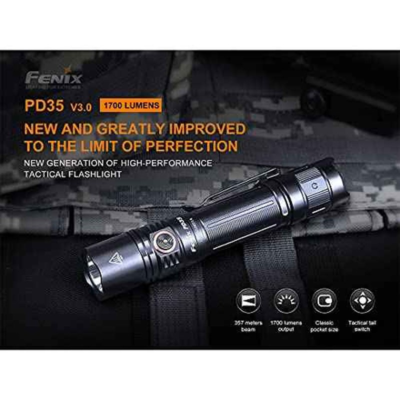 Fenix PD35 v3.0 Rechargeable Tactical Flashlight, 1700 Lumens EDC with Battery and Organizer (Green)