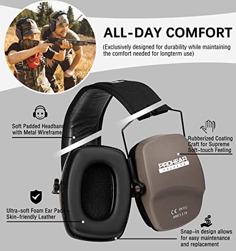 PROHEAR 016 Shooting Ear Protection Earmuffs 2 Pack, NRR 26dB for Gun Range, Hunting -Black and Brown