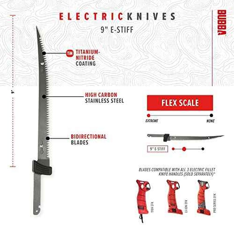 BUBBA E-STIFF Electric Fillet Blade with Ti-Nitride Coated Hollow Stainless Steel Non-Stick Reciprocating Construction for Fishing and Outdoors
