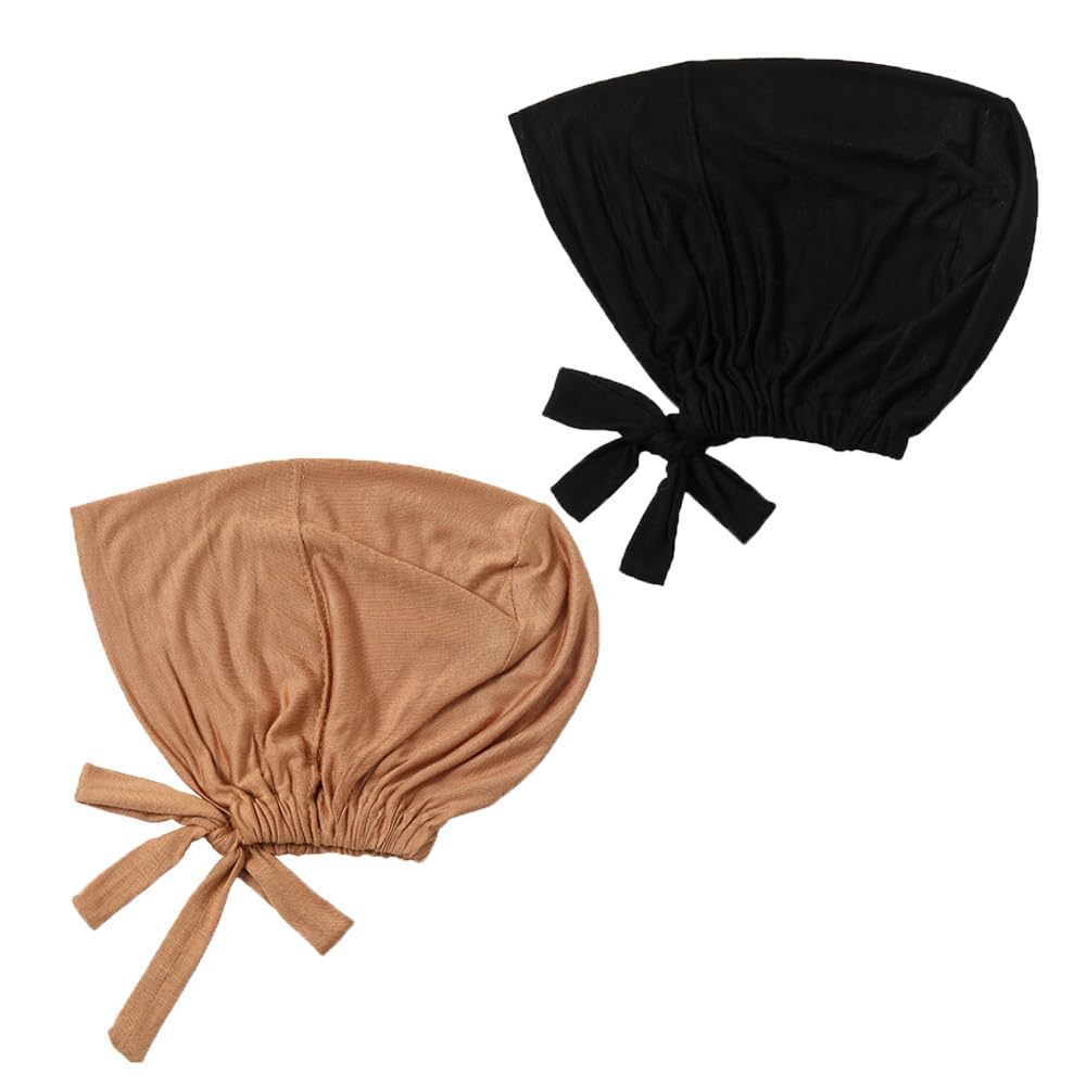 Hophor Black Hijab Undercap Islamic Muslim Under Scarf Hijab Caps with Tie-Back Closure Women Chemo Hat (Black+Nude)