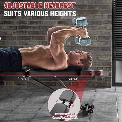 XDDIAS Workout Bench, Weight Bench with Leg Extension and Weights, Included 2 * 10LBS+2 * 25LBS Bumper Plates, Extended Headrest, Adjustable Exercise Bench for Home Gym for Full Body