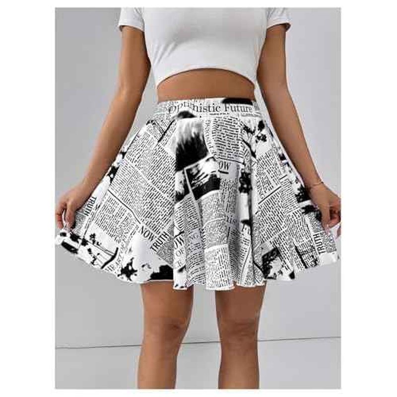 WDIRARA Women's Newspaper Graphic Print Skorts High Waist Flowy Athletic Skirts with Shorts Underneath