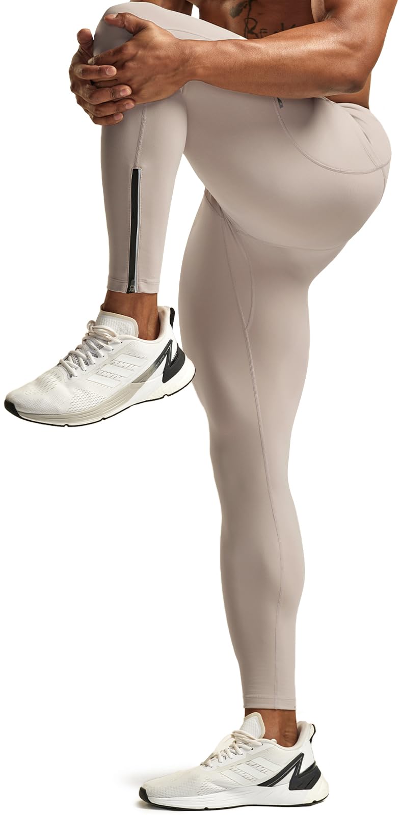 TSLA Men's Thermal Running Tights, Fleece Lined Compression Cycling Pants, Winter Cold Weather Leggings with Zipper Pocket, Running Tights Beige, Medium