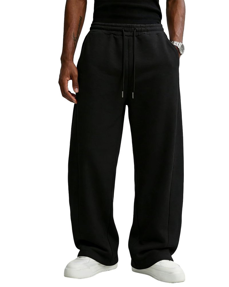 Wangdo Men's Baggy Sweatpants Wide Leg Lounge Cotton Jogging Pants Casual Elastic Waist Joggers with Pockets Black