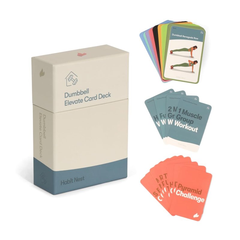 Dumbbell Elevate Exercise Cards: Home Workout Series Card Deck - Comprehensive At-Home Fitness System with 65 Exercises, 8 Bonus Challenges, and 4 Unique Workout Formats.
