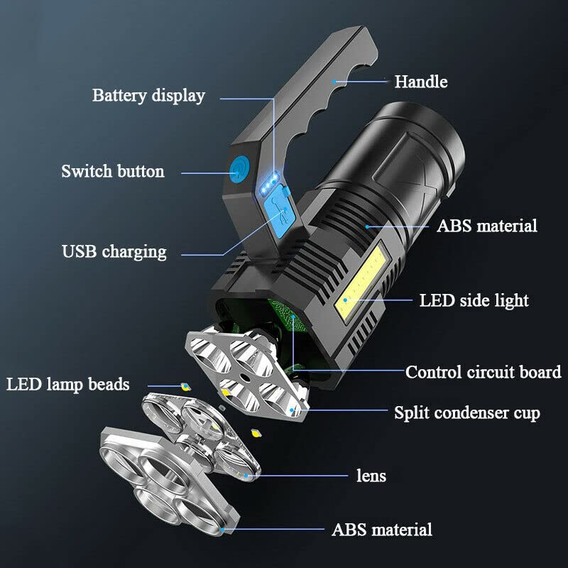 Wrrozz LED Flashlight USB Rechargeable, High Lumens Tactical Light with Sidelight, 4X LED, Zoomable, Handheld Super Brightest Flashlights, Portable Torch for Outdoor Camping Emergency Lantern