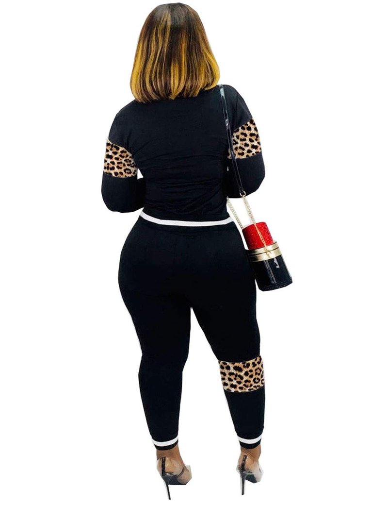 Alunzoem Womens Casual 2 Piece Outfits, Leopard Print Long Sleeve Top Pants Set Tracksuits Black XXL