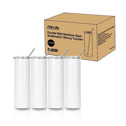 PYD Life Sublimation Blanks Tumbler Skinny 30 OZ Straight Stainless Steel Coffee Cups Mugs with Lid and Metal Straw for Tumbler Press Machine Heat Transfer 4 Pack