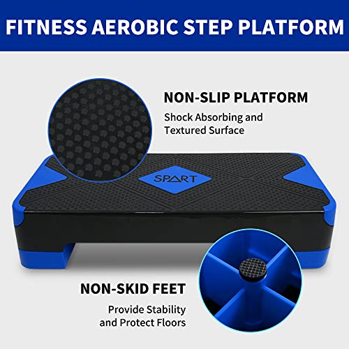 SPART Adjustable Workout Aerobic Stepper, Aerobic Exercise Step Platform with 4 Risers, Exercise Step Deck for Fitness, 3 Levels Adjust 4" - 6" - 8" Height, 26.77" Trainer Stepper with Non-Slip Surface Home Gym & Extra Risers Options