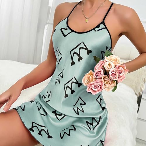 Womens Nightdress Fashion Print Sexy Backless Ice Silk Sling Pajamas Dresses Nightgowns Chemise Sleepwear Lingerie Style003 White Large