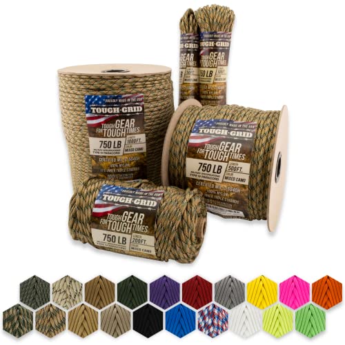 TOUGH-GRID Premium 750lb Paracord - 100% Nylon Type IV Mil-Spec - UV & Abrasion Resistant - Heavy Duty Strands - Outdoor Survival - Used by US Military - 50 ft - Mixed Camo