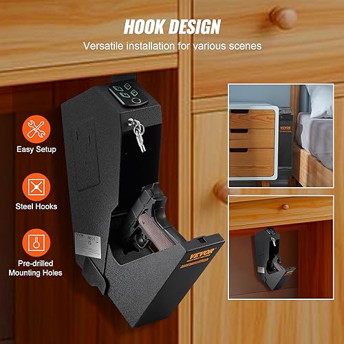 VEVOR Mounted Gun Safe for Pistols, Biometric Gun Safe with Three Quick Access Ways of Fingerprints, Passwords and Keys, Handgun Safe for 1 Pistol for Home, Bedside, Nightstand, Wall