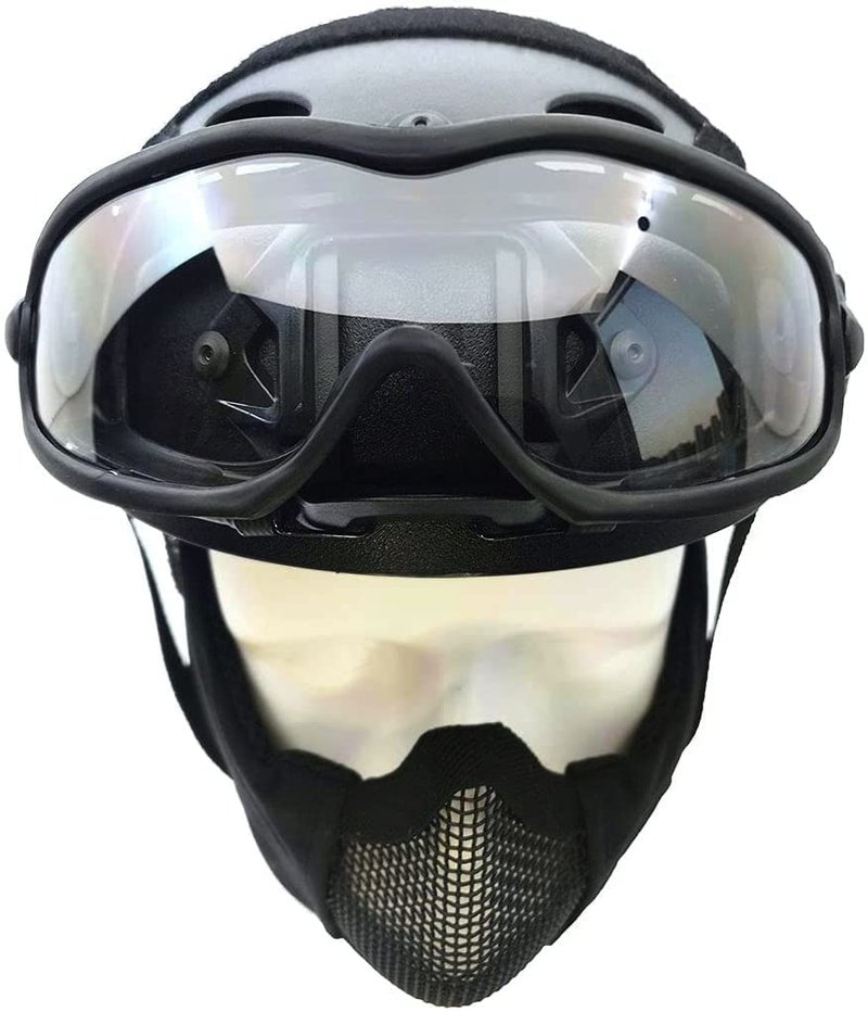 PJ Type Tactical Airsoft Fast Helmet and Foldable Half Face Mesh Guard with Ear Protection Adjustable Chin Strap Full Face Protection Set for Paintball BB Gun