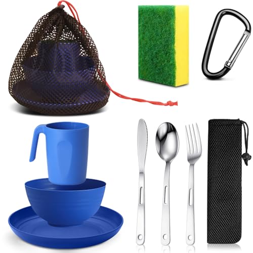 Scout Camping Mess Kit for 1 Person Boy Scout Dishes Set Girl Scout Mess Kit with Mesh Bag Reusable Light Weight Eating Utensils Plastic Camping Cutlery Set for Travel Camp