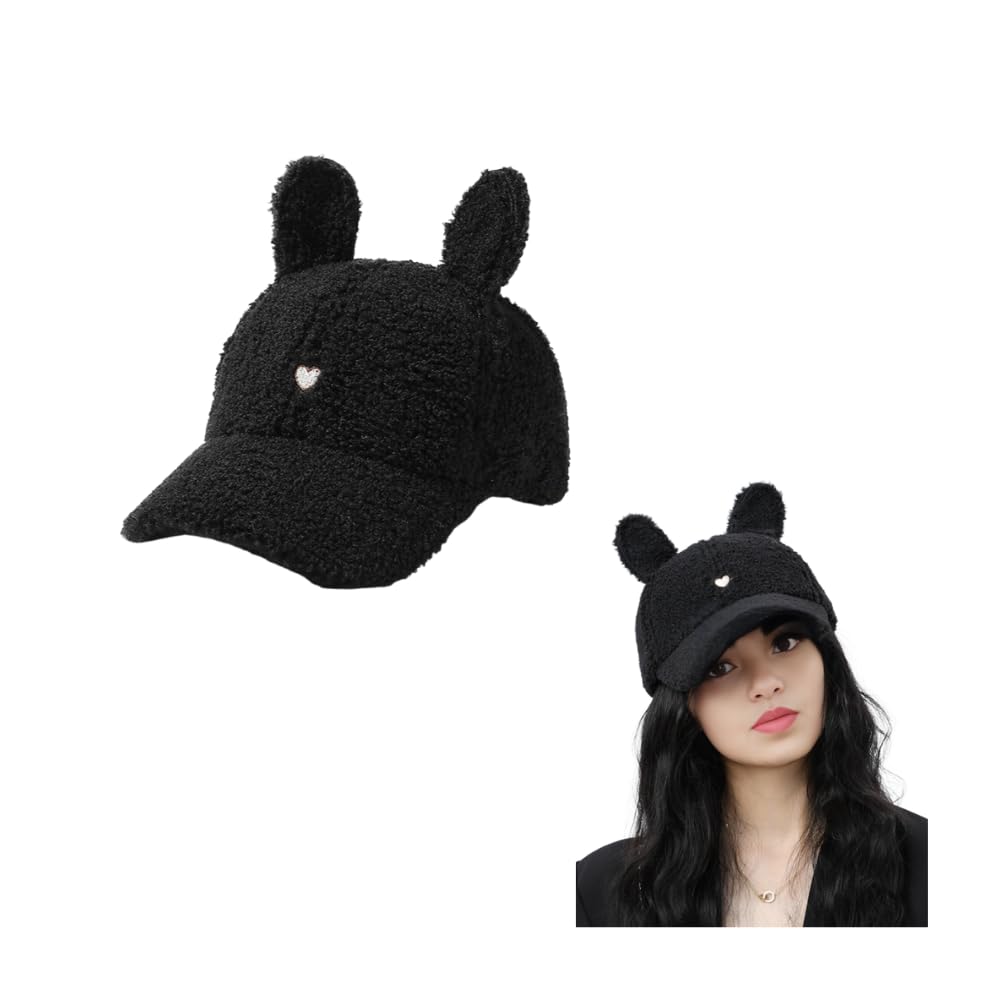 Cute Hat for Women Winter Wool Cat Rabbit Ears Soft Beanie Slouchy Baseball Cap Vintage Casual Sports (US, Numeric, 7, 7 7/8, Black)