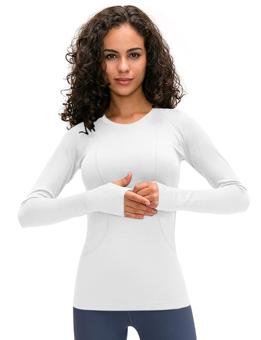 LUYAA Seamless Yoga Shirts for Women Long Sleeves Slim Fit Breathable Workout Fitness Tops White