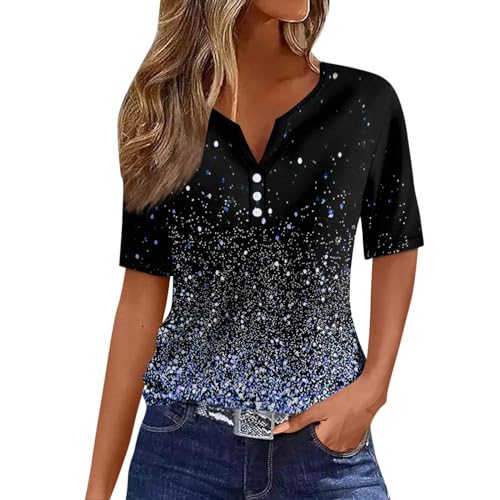 GZPINLU Day Deals Prime 2024 Today Summer Tops for Women 2024 Trendy Graphic Button V Neck T Shirts Short Sleeve Plus Size Cute Going Out Outfits Blusas Casuales De Mujer Bonitas (Blue,L)