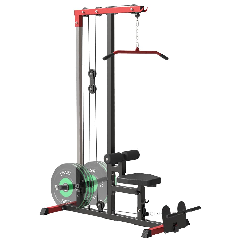 SPART LAT Tower, LAT Pull Down and Low Row Cable Machine with Flip Up Footplate, Heavy Duty Upper Body Machine with High and Low Pulley Station, Home Gym Back Exercise Machine, Red