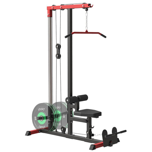 SPART LAT Tower, LAT Pull Down and Low Row Cable Machine with Flip Up Footplate, Heavy Duty Upper Body Machine with High and Low Pulley Station, Home Gym Back Exercise Machine, Red