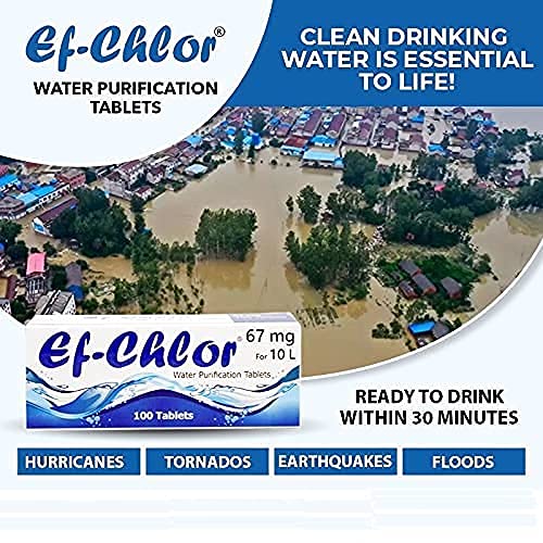 Ef-Chlor Water Purification Tablets/Drops (67 mg - 100 Tablets) - Potable Water Treatment Ideal for Emergencies, Survival, Travel, and Camping, Purifies (3.28-5.28) Gallons Water in 1 Tablet