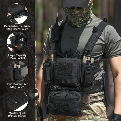 VOTAGOO GEAR Chest Rig-Tactical Chest Rig, Adjustable & Detachable Molle Micro Chest Rigs, with 5.56/7.62 Magazine Pouch, Pistol Pouch