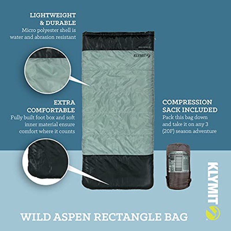 Klymit Wild Aspen Lightweight Rectangle Sleeping Bag, 20¡ÆF Sleeping Bag for Camping, Hiking, and Backpacking in Cold Weather, Green