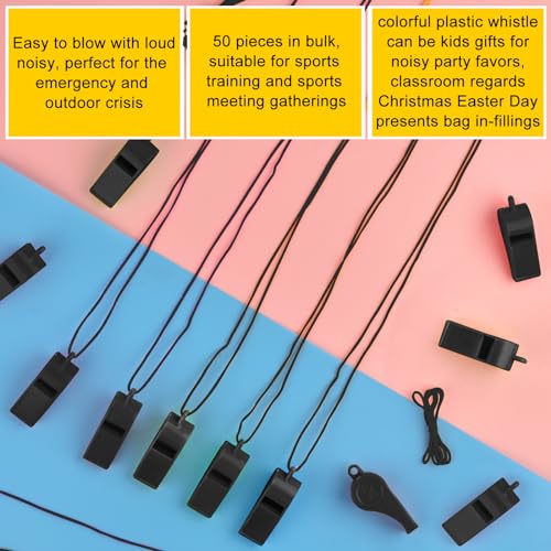 5 Pcs Loud Plastic Emergency Whistle with Lanyard for Outdoor Activities, Coach Trainning Whistles Party Whistles for School Sports and Kids Parties Gift Boxes Fillers (black)