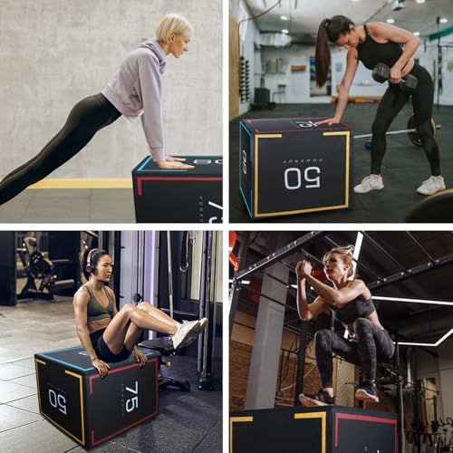 HUISHENG 3-in-1 20''x24''x30'' Dense Foam Plyometric Jump Box,Extra Firm Stable Box Jumps for Home Gym,Exercise Foam Plyo Box for Fitness Training-Step-Ups,Split Squats,Dips,Non-Slip Box Jump Cube,3 Sizes