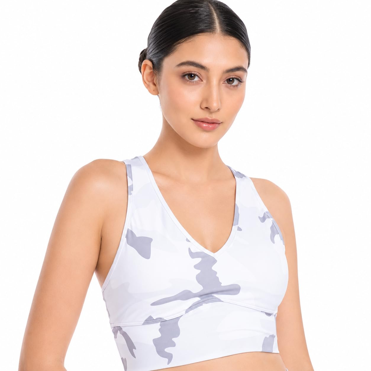 WAVRYN ACTIVE Women's Camo Sports Bra Top Medium Support Cross-Back Workout Bra for Gym, Yoga, Fitness - M, Grey-White
