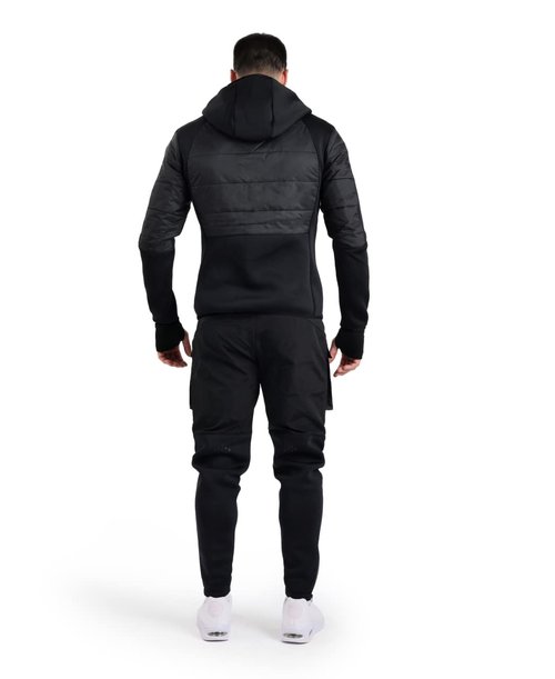 ARENA Team Unisex Half-Quilted Hooded Jacket Regular Fit Full Zip Side Pockets Insulated Panels Reflective Taping Athletic Sports Cold Weather Coat, Black, Large