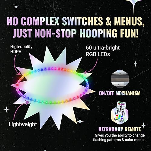 UltraHoop Remote LED Hoop - Wireless Control 60 Color Changing LED Lights w/ 300+ Modes & Patterns - Rechargeable Battery, HDPE Collapsible, Advanced to Beginner Hoola Hoops - 26” x 5/8" OD - UltraPoi