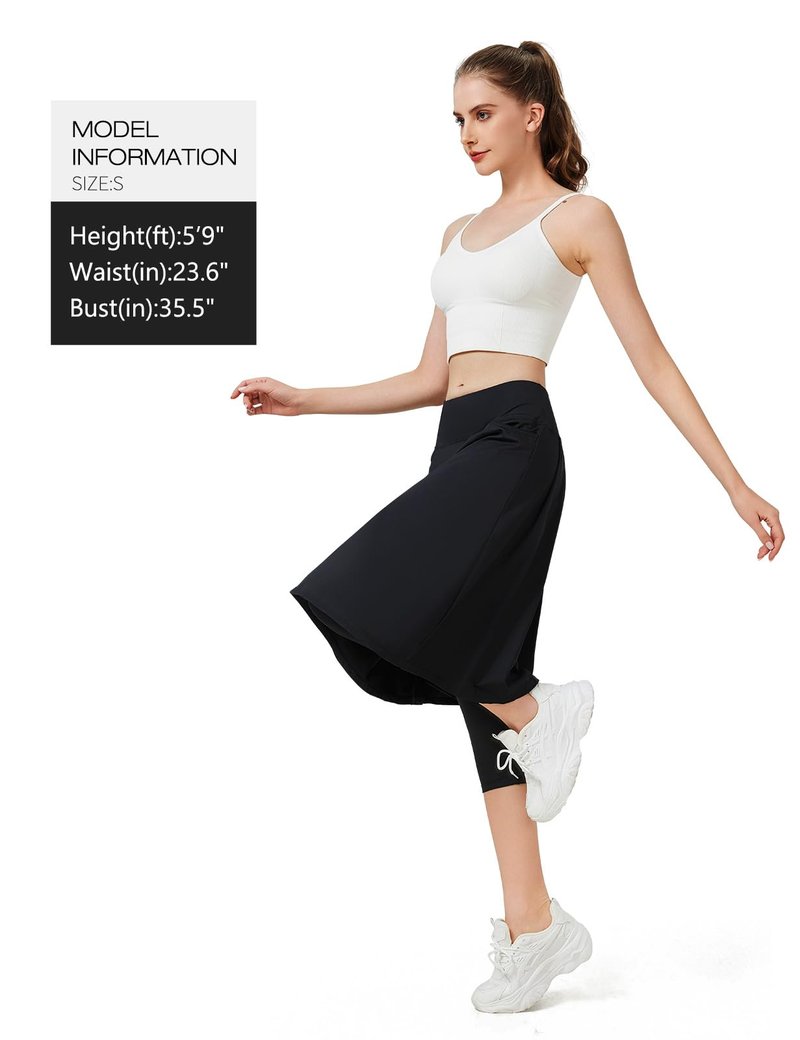 ANIVIVO 24" Long Knee Length Skirted Leggings for Women,Modest Athletic Skirt with Leggings Pleated Workout Skirt Zipper Pockets(Black,M)