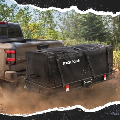 Mockins 60x20x6 Folding Cargo Carrier Hitch Mount Steel Rack 500lb Cap & 16 Cu Ft Soft Shell Waterproof Cargo Bag | Tow Hitch Cargo Basket, Hitch Tightener & Accessories |2" Receiver Cargo Trailer