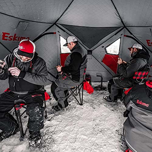 Eskimo Outbreak 650XD Pop-up Portable Insulated Ice Fishing Shelter, 94 sq ft. Fishable Area, 5-7 Person, Red/Black, 143" x 135" & 35600 Pistol Bit 8" Ice Auger Drill Adaptive Ice Auger