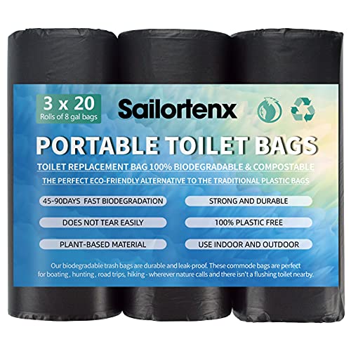 Sailortenx 60 Count 8 Gallon Biodegradable Compostable Portable Toilet Bags, 100% Plant-Based, No Leaks, Disposable, Perfect for Camping, Hiking, Boating, Hunting