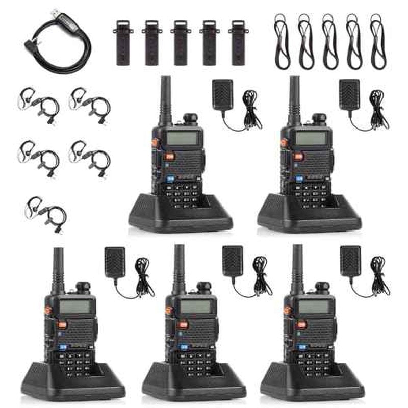 [5 Packs] Baofeng UV-5R Two Way Radio Dual Band 144-148/420-450Mhz Walkie Talkie with 1800mAh Li-ion Battery, Programming Cable, Headset, Belt Clip, Hand Strap, Desktop Charger (Black)