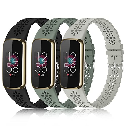 3 Pack Slim Sport Bands Compatible with Fitbit Luxe Band for Women, Soft Silicone Lace Thin Hollow-Out Replacement Wristbands Breathable Bands for Fitbit Luxe Fitness Smart Watch