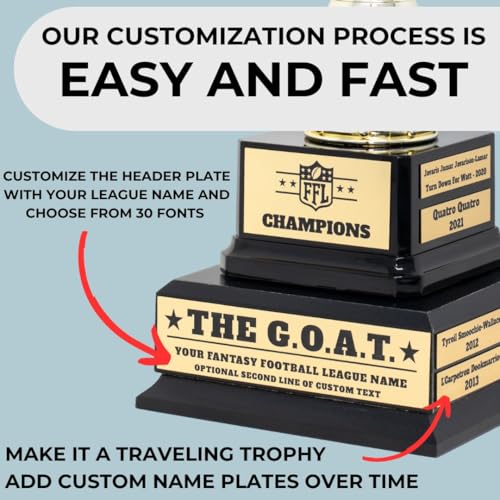 Alpha Awards Large Custom Goat Trophy for Fantasy Football League-G.O.A.T.-Greatest of All Time Funny Trophy-Traveling Perpetual Award-Personalized Laser Engraved Plate (Large Custom FFL G.O.A.T.)