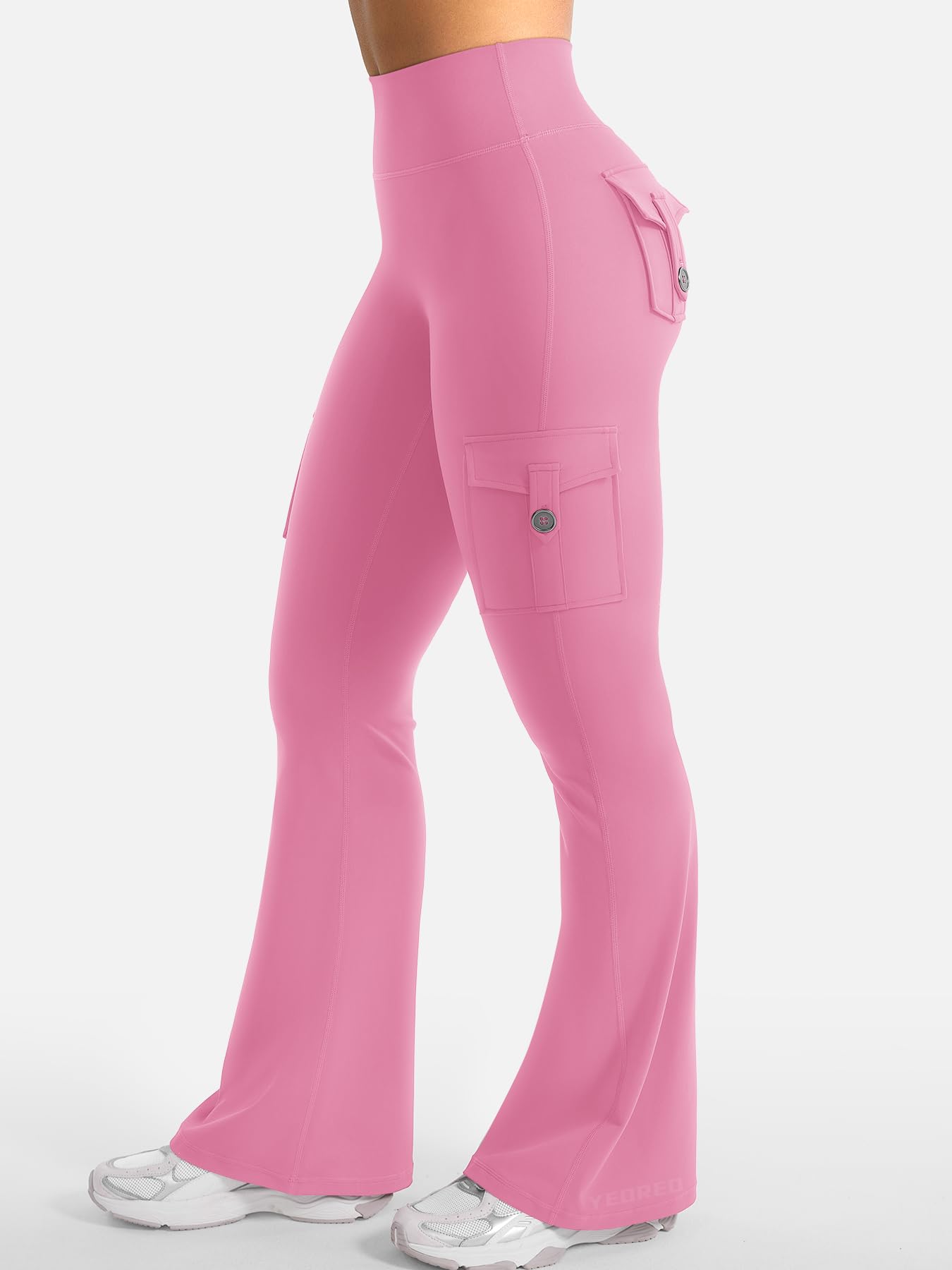 YEOREO CoreFlex Women Workout Flare Leggings with Pockets Hidden Scrunch High Waisted Cargo Gym Yoga Leggings Pink L