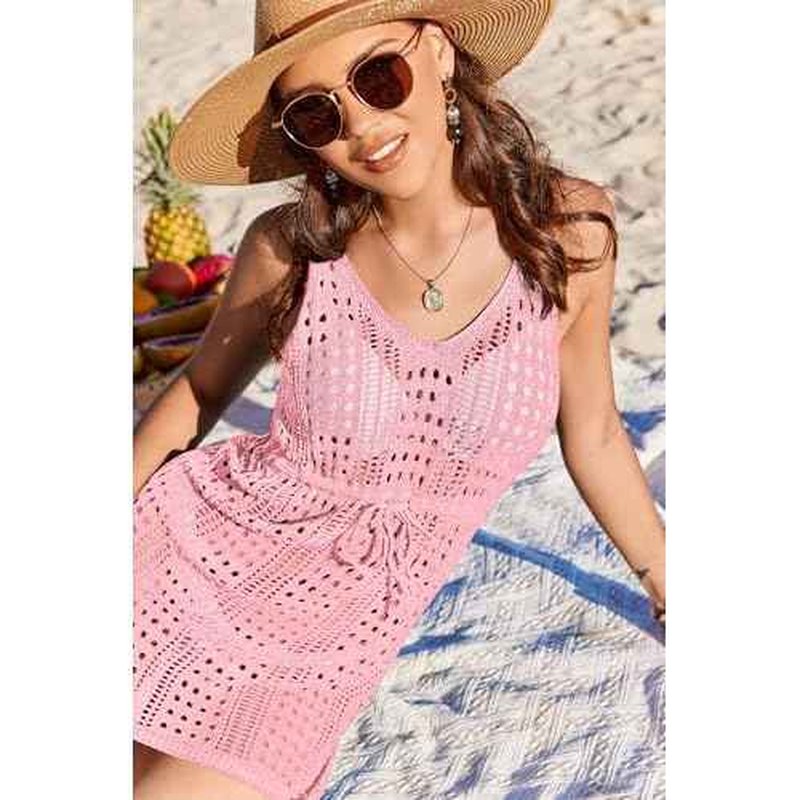 AI'MAGE Womens Crochet Cover Up Sleeveless Swimsuit Coverup Hollow Out Beach Dress with Drawstring