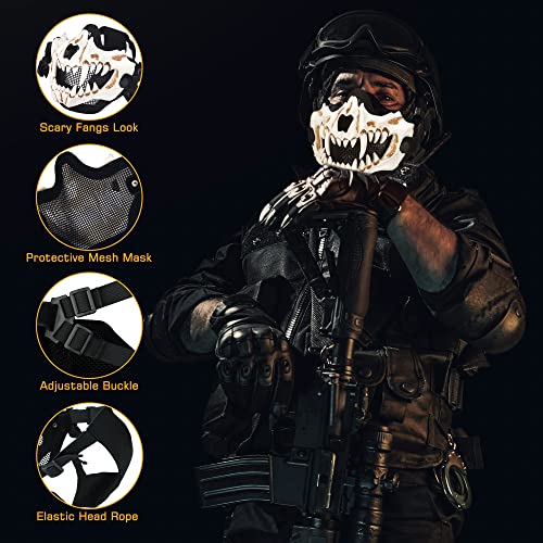 Guayma Airsoft Half Face Skull Masks Tactical Face Protection Mesh Mask for Halloween Cosplay Paintball CS Games,White