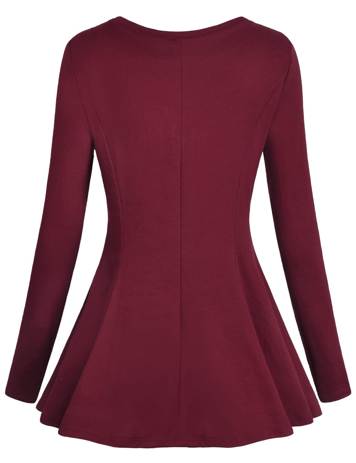 Miusey Long Sleeve Peplum Tops for Women Henley V Neck Pleated Fitted Ruffle Tops to Hide Belly Draped A-Line Elegant Empire Flowy Waist Red Medium