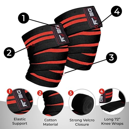 DEFY Sports' Knee Wraps for Weightlifting - Provides Knee Support for Powerlifting, Squats & Fitness Workouts - Ideal Knee Wrap for Men and Women  (1 PAIR) (Red)