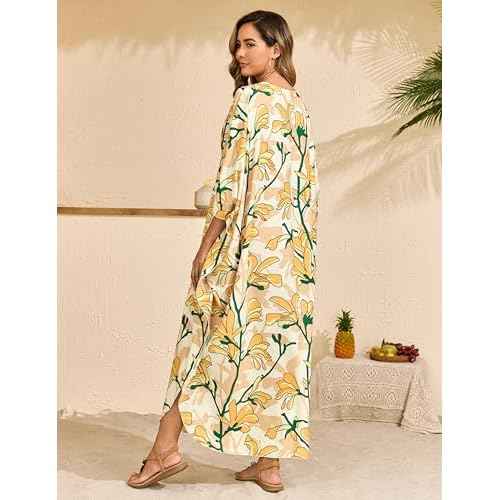 MAKABO Kaftan Dresses for Women, Summer Hawaii Swimsuit Cover Up, V Neck Caftan Beach Vacation Print Dress