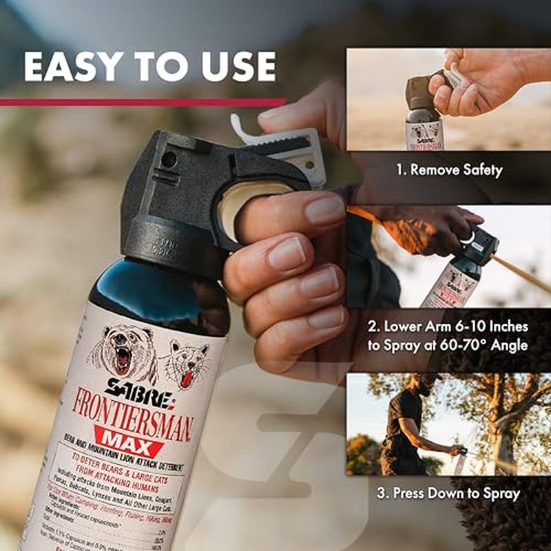 SABRE Frontiersman MAX Bear Spray ? 40 ft Range, Maximum Strength, The Only EPA-Registered Spray for Bears & Mountain Lions, 9.2 oz, Glow Safety Clip, Outdoor Hiking & Camping Protection