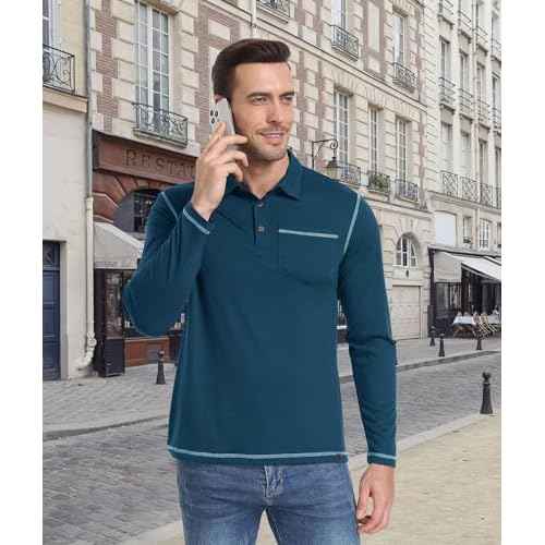 ZITY Men's Casual Long Sleeve Polo Shirts Classic Button Cotton Work T-Shirt Collared Basic Golf Shirt with Pocket