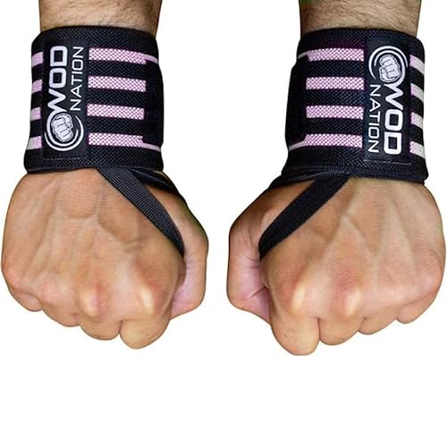 WOD Nation Wrist Wraps for Weightlifting, 12” Professional Gym Wrist Straps w/Thumb Loop for Men & Women, Wrist Support Wraps for Strength Training, Powerlifting & Bodybuilding (Black/Pink)