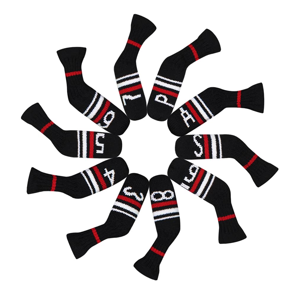 Scott Edward Black Red White Warning Iron Covers,Set of 10 PCS, Adorable and Basically Socks Shape,Washable & Durable Golf Club Head Protector (Black Red White Warning Stripes)