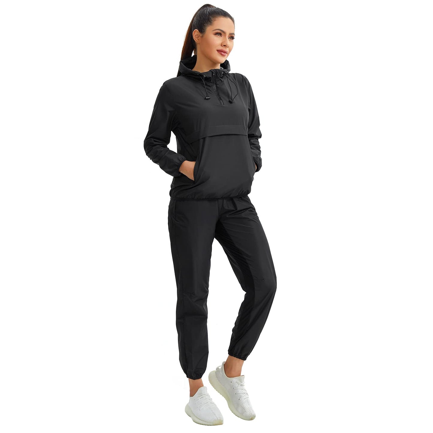 Junlan Sauna Suit for Women Sauna Pants Sweat Jacket Gym Workout Vest Sweat Suits for Women (Black Set(jacket and Pants),XX-Large)